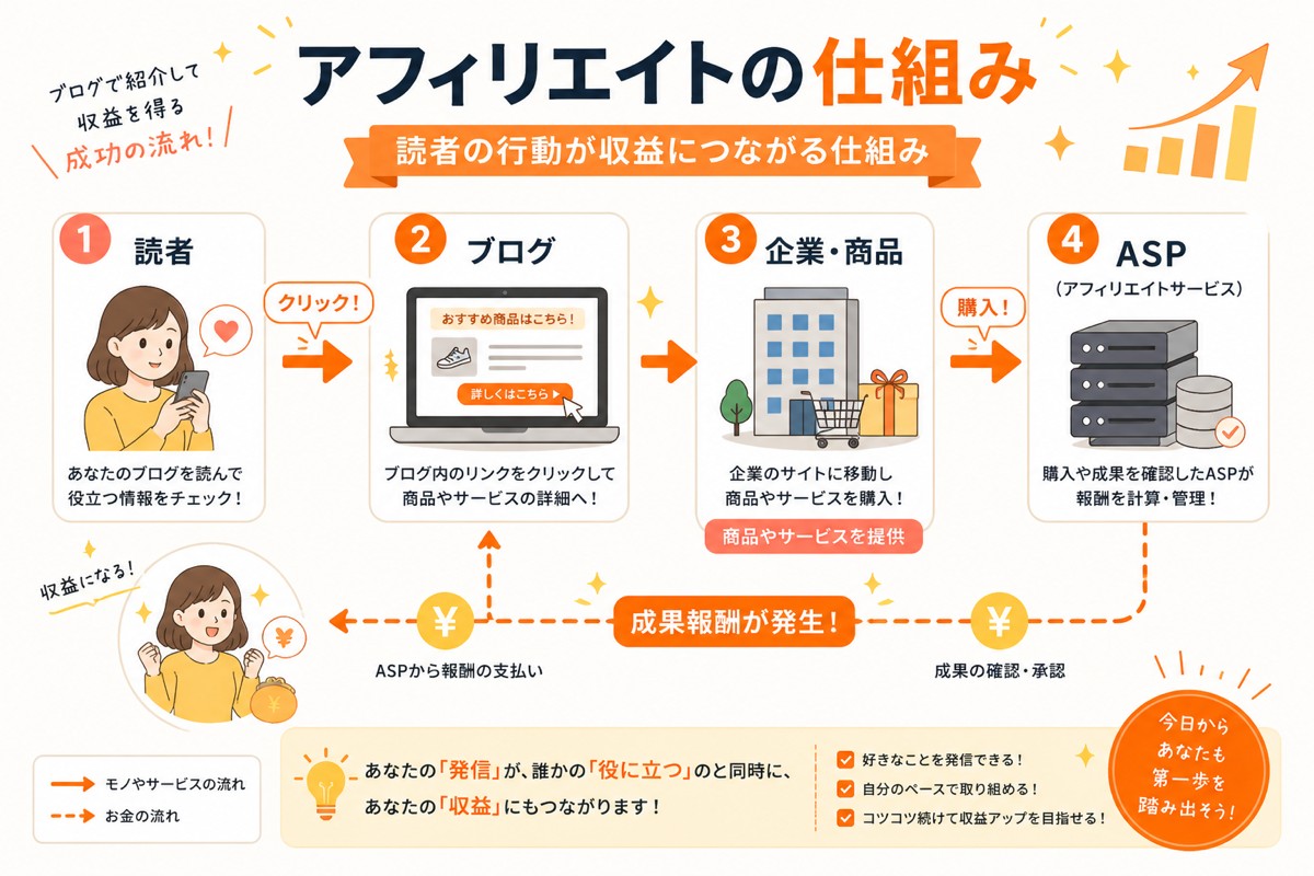 アフィリエイトの仕組み3ステップ図解