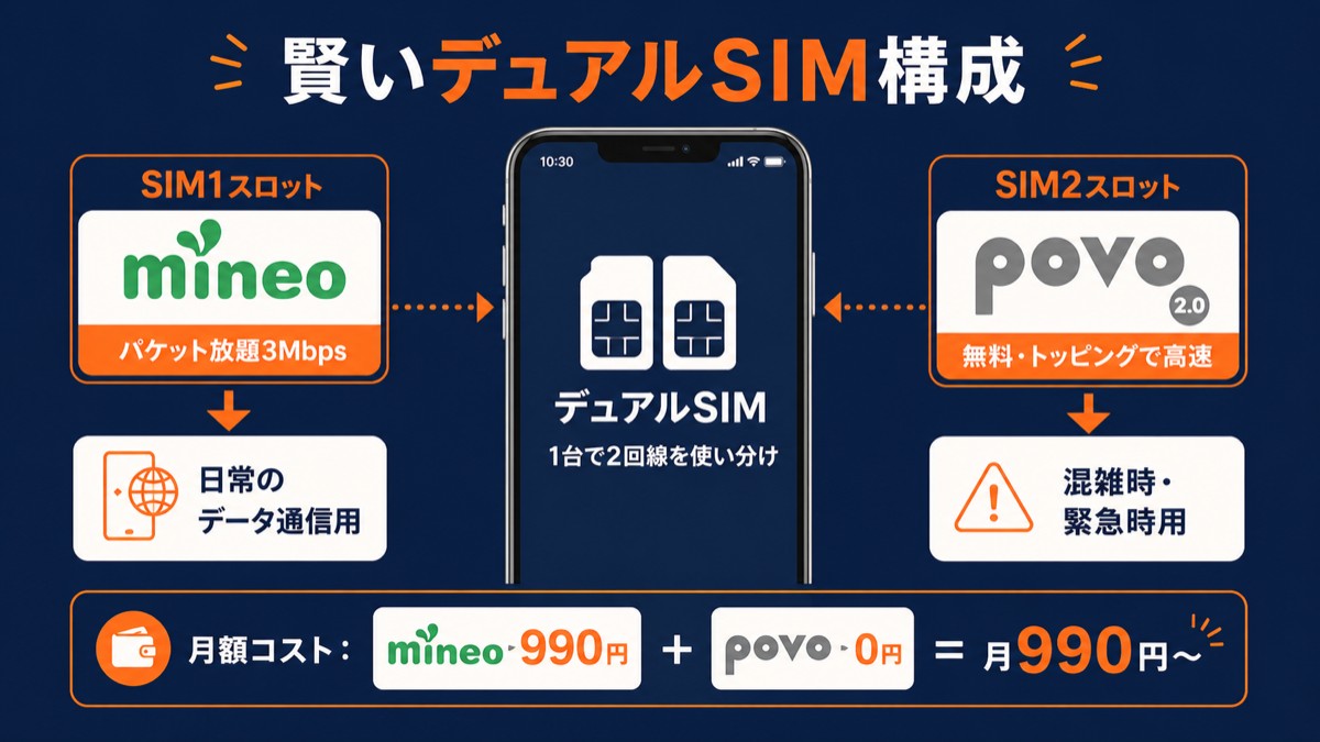 mineo＋povo デュアルSIM構成図解