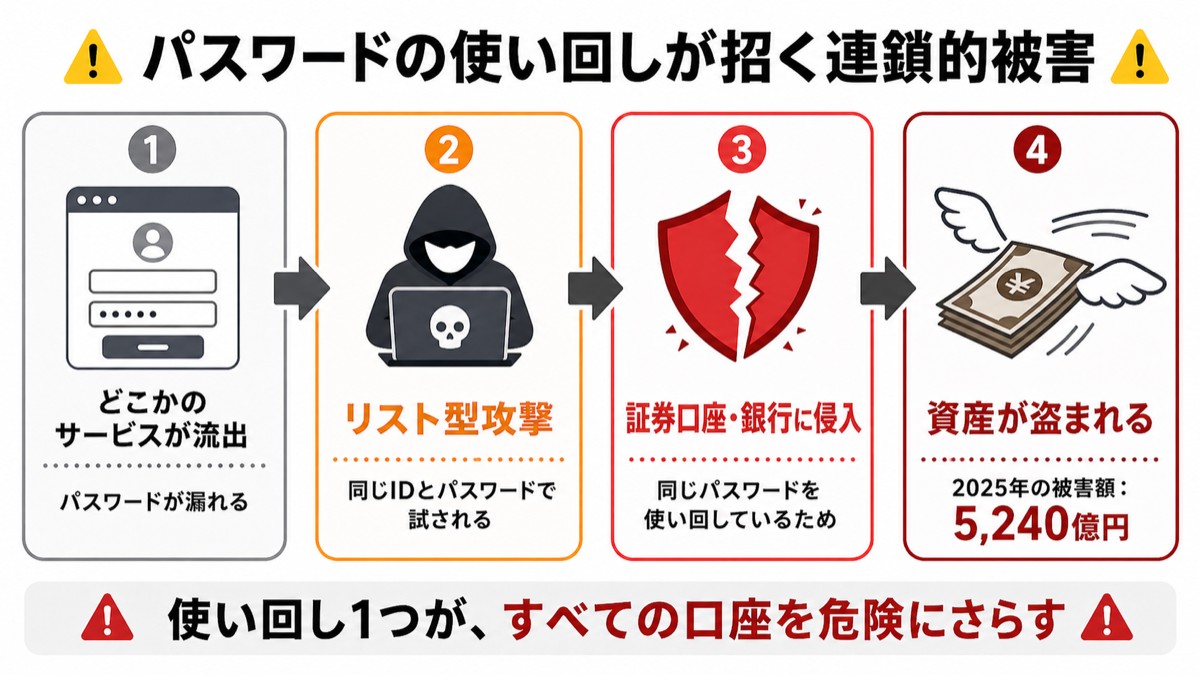 パスワード使い回しで起きる被害の連鎖