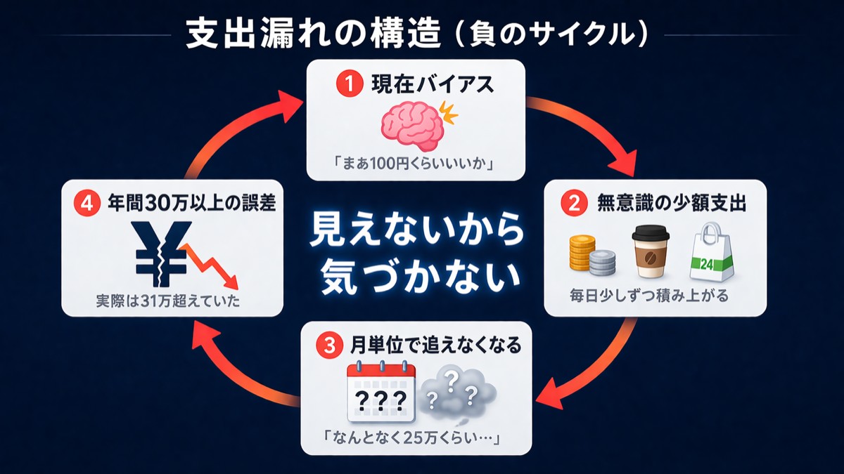 支出漏れが起きる構造フロー図
