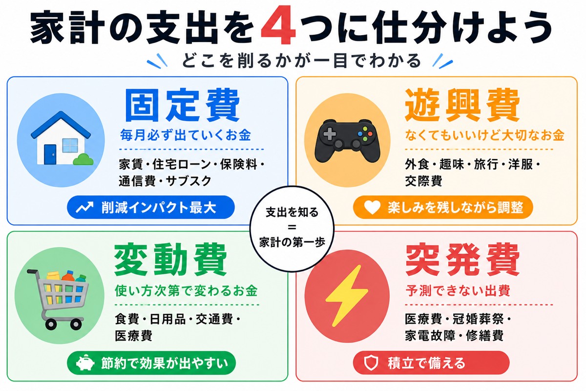 家計の支出4分類：固定費・遊興費・変動費・突発費の図解