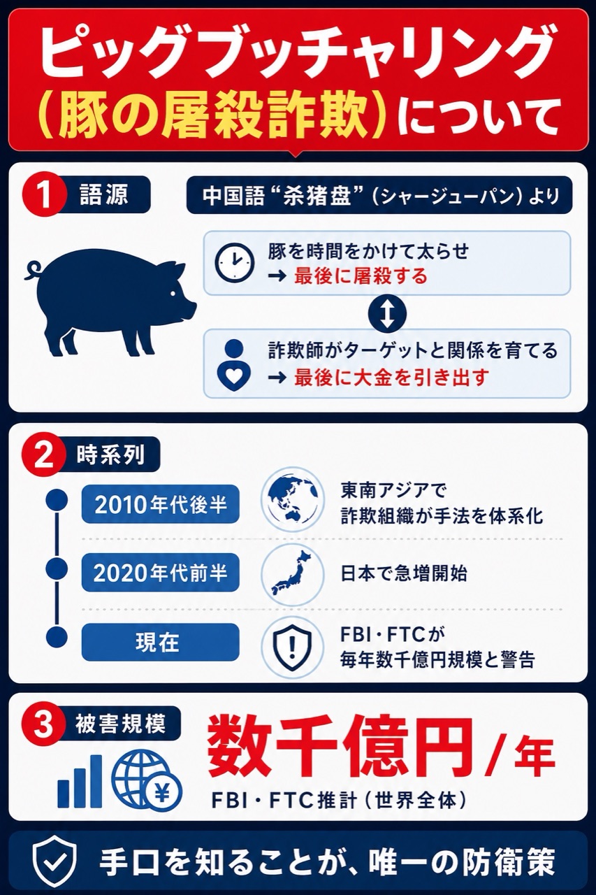 ピッグブッチャリング（豚の屠殺詐欺）の語源と世界への広がり図解