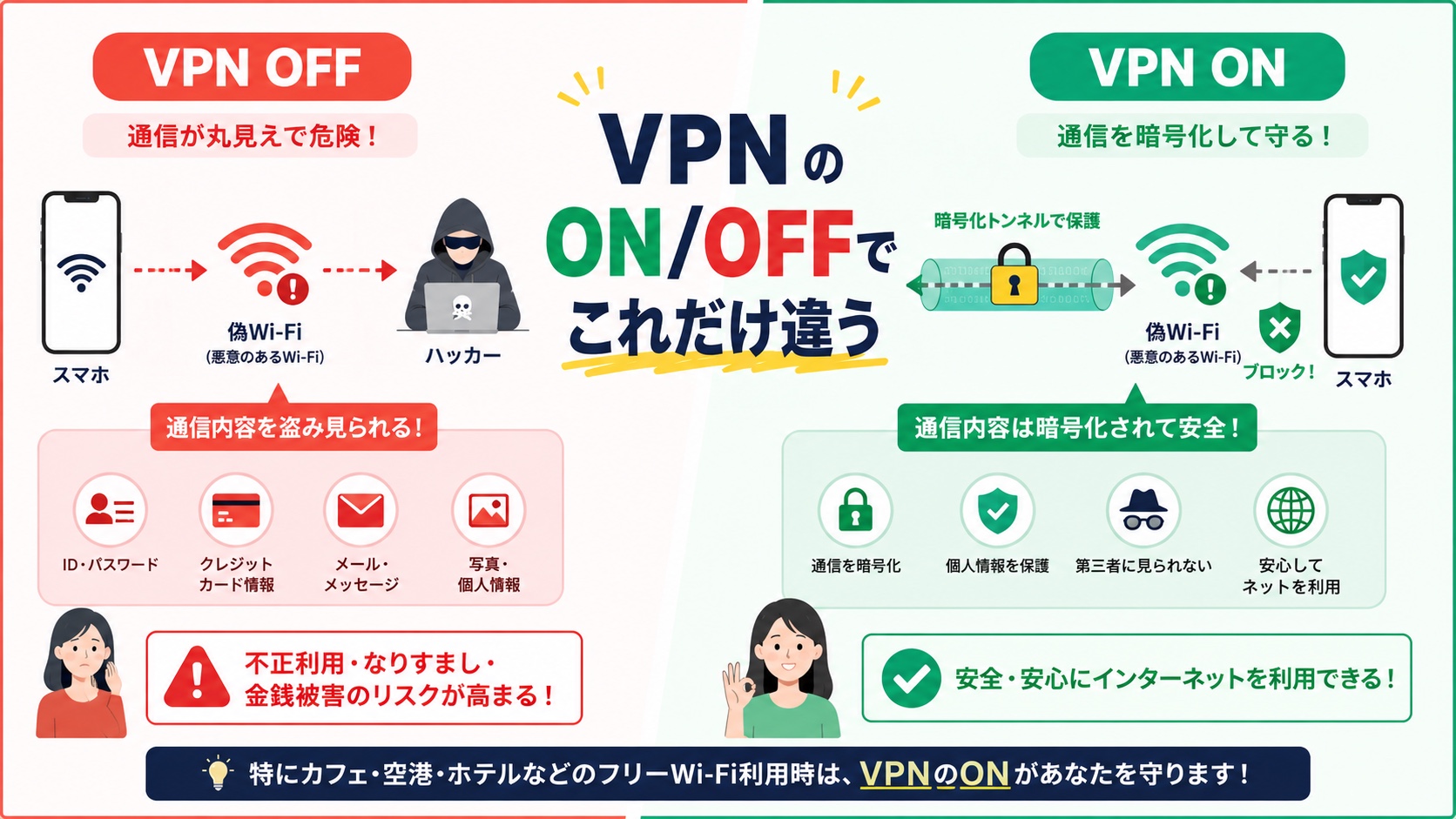VPN ON/OFFでこれだけ違う｜通信保護の比較図