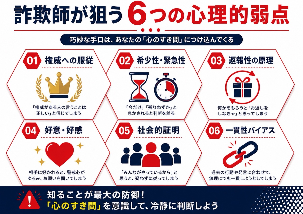詐欺師が狙う6つの心理的弱点の図解——権威・希少性・返報性・好意・社会的証明・一貫性バイアス