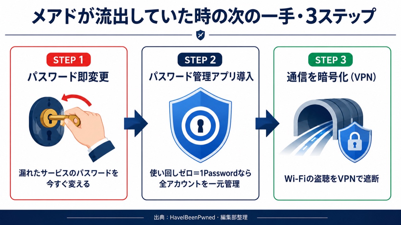 メールアドレスが流出していた時の次の一手3ステップ：パスワード即変更→パスワード管理アプリ導入→通信をVPNで暗号化