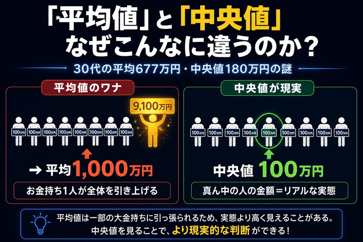 平均値と中央値の違いを図解：10人のグループで富裕層1人が平均を引き上げる仕組み