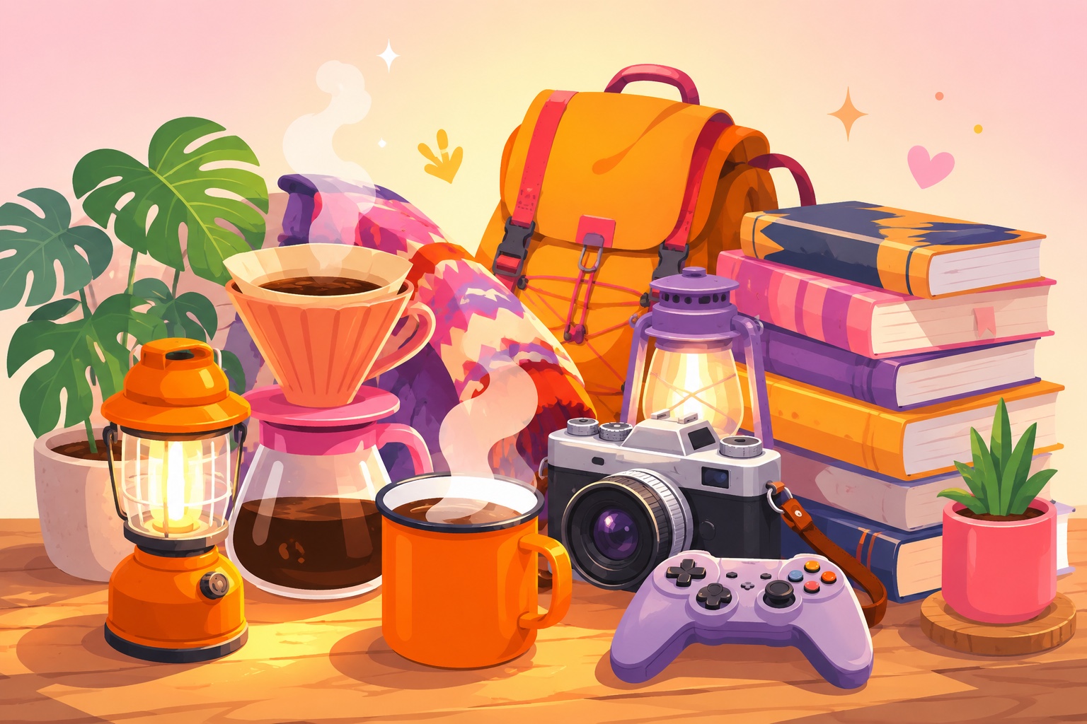 趣味レビュー型のイメージ：カメラ・本・ゲーム・コーヒーが並ぶデスク