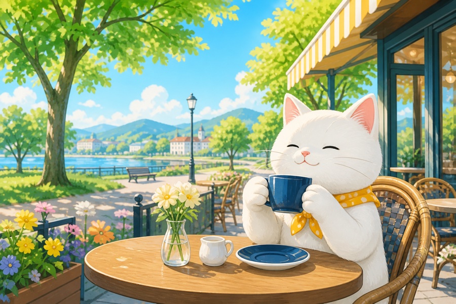 猫がコーヒーを飲んでいる・遠足パンフレット風・ChatGPT生成