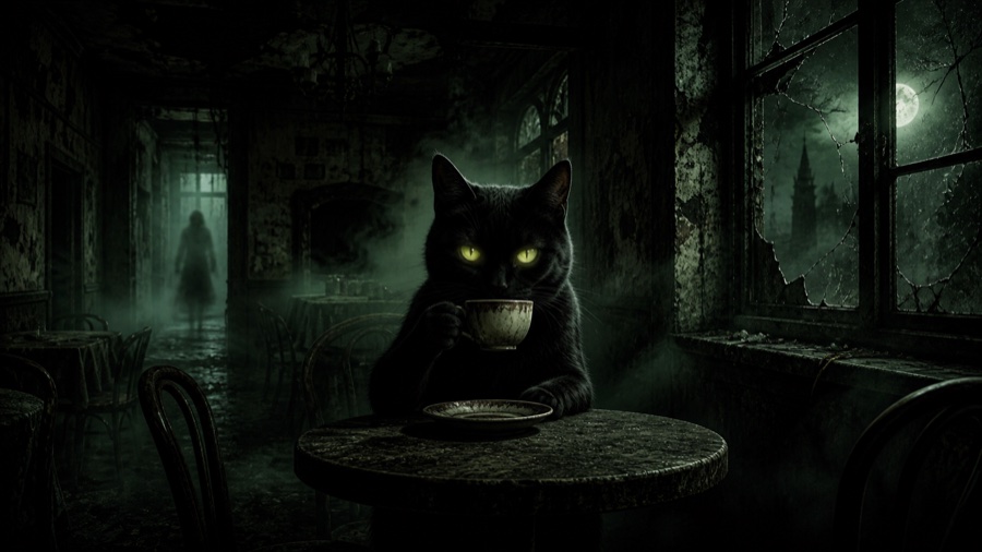 猫がコーヒーを飲んでいる・ホラー映画ポスター風・ChatGPT生成