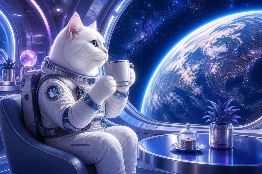 猫がコーヒーを飲んでいる・宇宙ステーション風・ChatGPT生成
