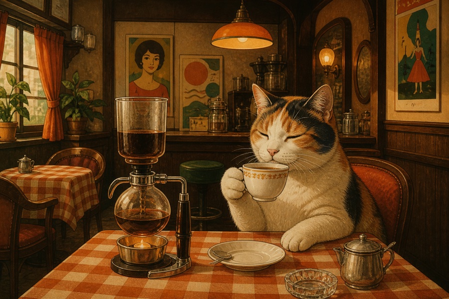 猫がコーヒーを飲んでいる・昭和レトロ純喫茶風・ChatGPT生成