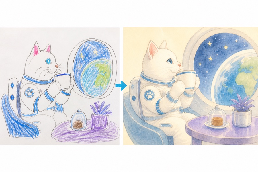 ChatGPT生成・子どもの落書きを絵本イラストに変換したサンプル