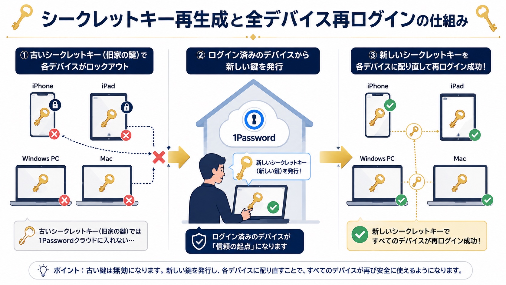 シークレットキー再生成と全デバイス再ログインの仕組み｜家の鍵を作り直して全員に配り直すイメージ