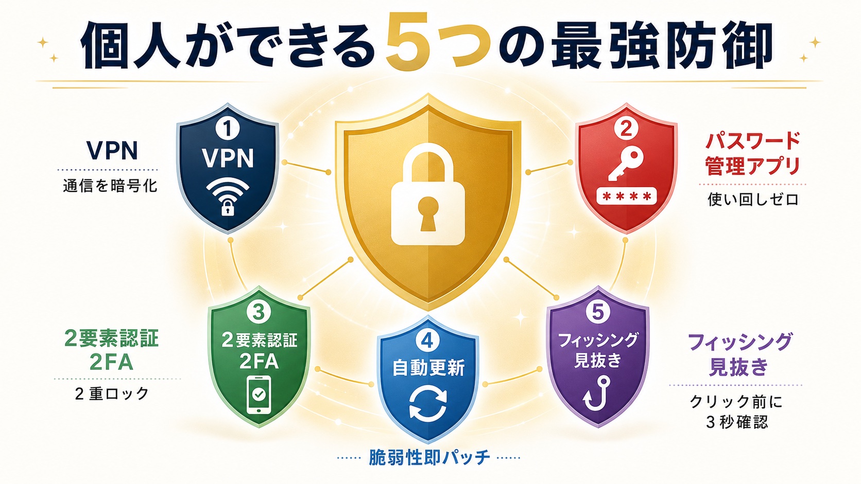 個人ができる5つの最強防御｜VPN・パスワード管理・2要素認証・自動更新・フィッシング判別の5つの防御フレーム図解