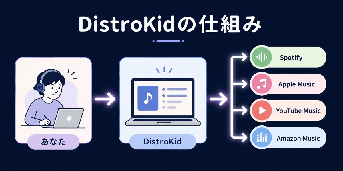 DistroKidの仕組み図解：あなた→DistroKid→Spotify・Apple Music・YouTube Musicなど