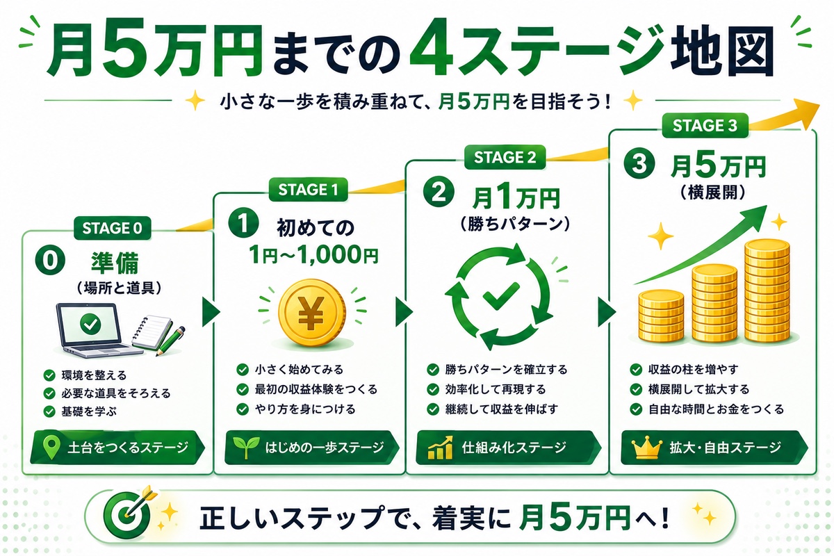 月5万円までの4ステージ地図｜STAGE0準備から月5万円までの階段イラスト