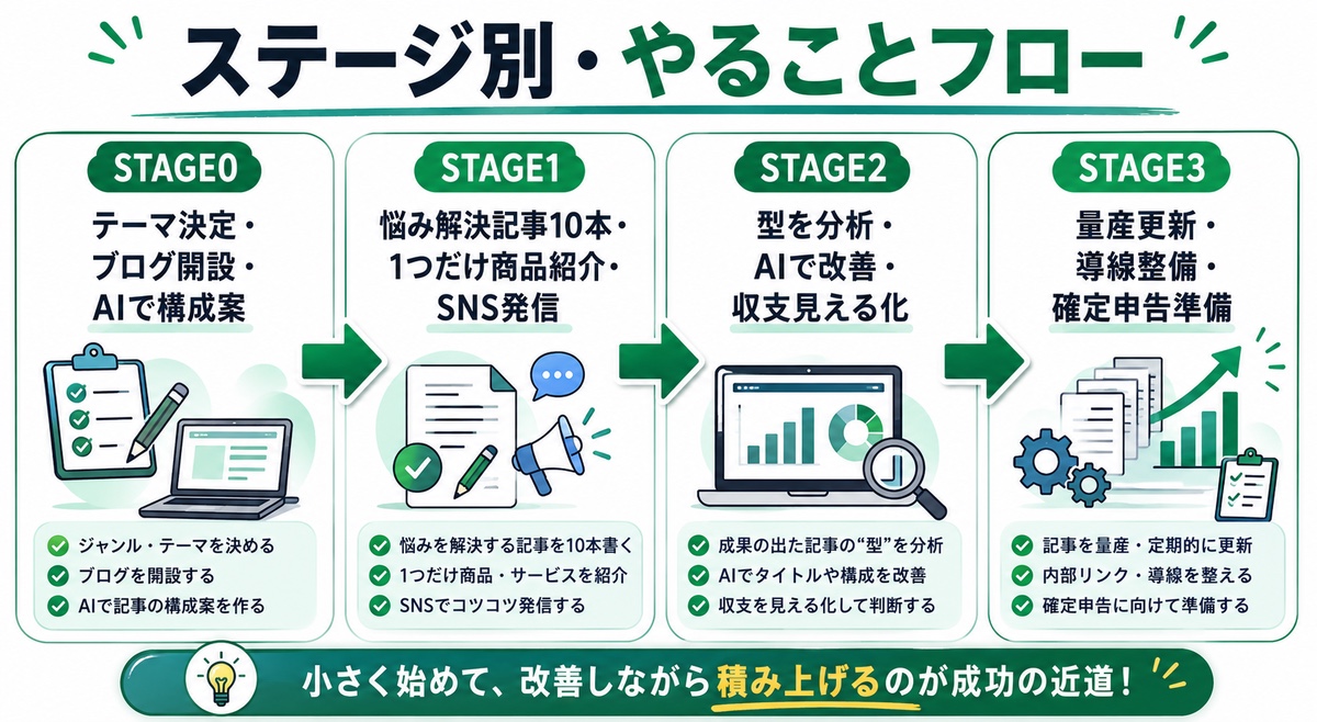 ステージ別やることフロー｜STAGE0準備からSTAGE3月5万まで各ToDoを矢印でつないだ図解