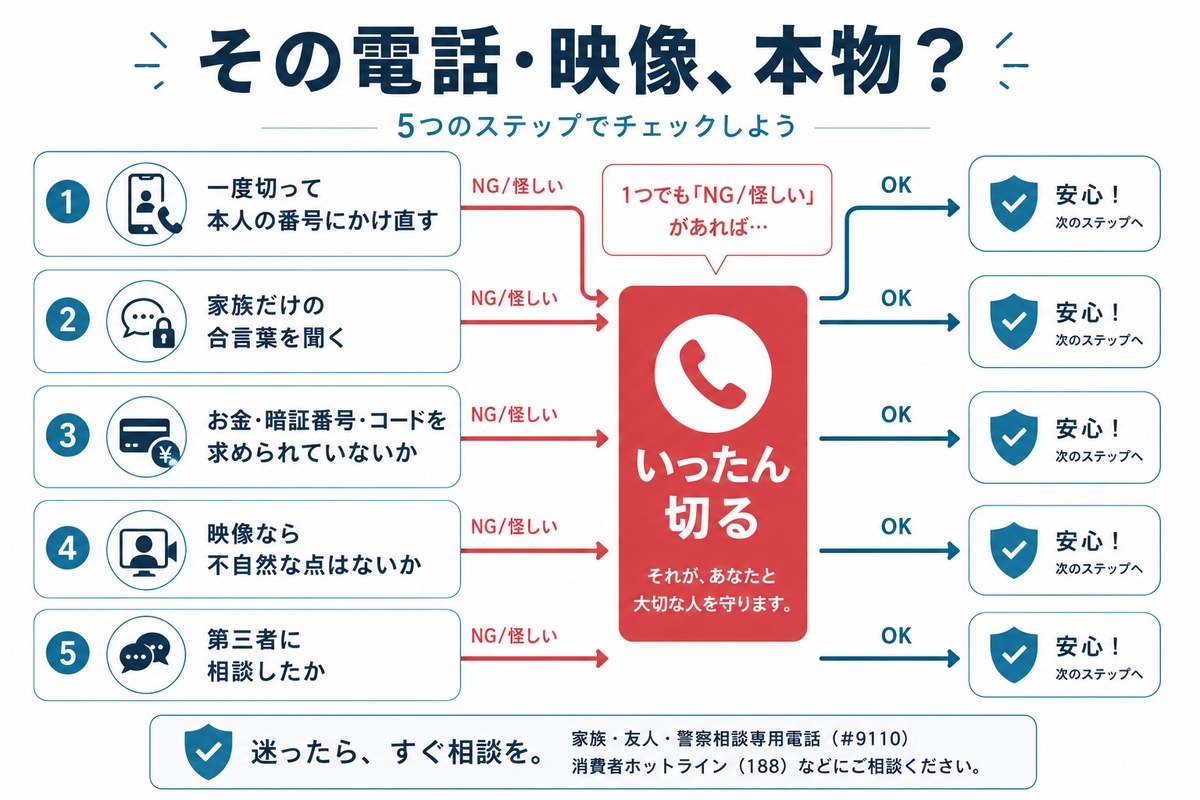 その電話・映像、本物？5つのチェックフロー｜かけ直す・合言葉・金銭要求・不自然な点・第三者に相談、1つでもNGならいったん切る
