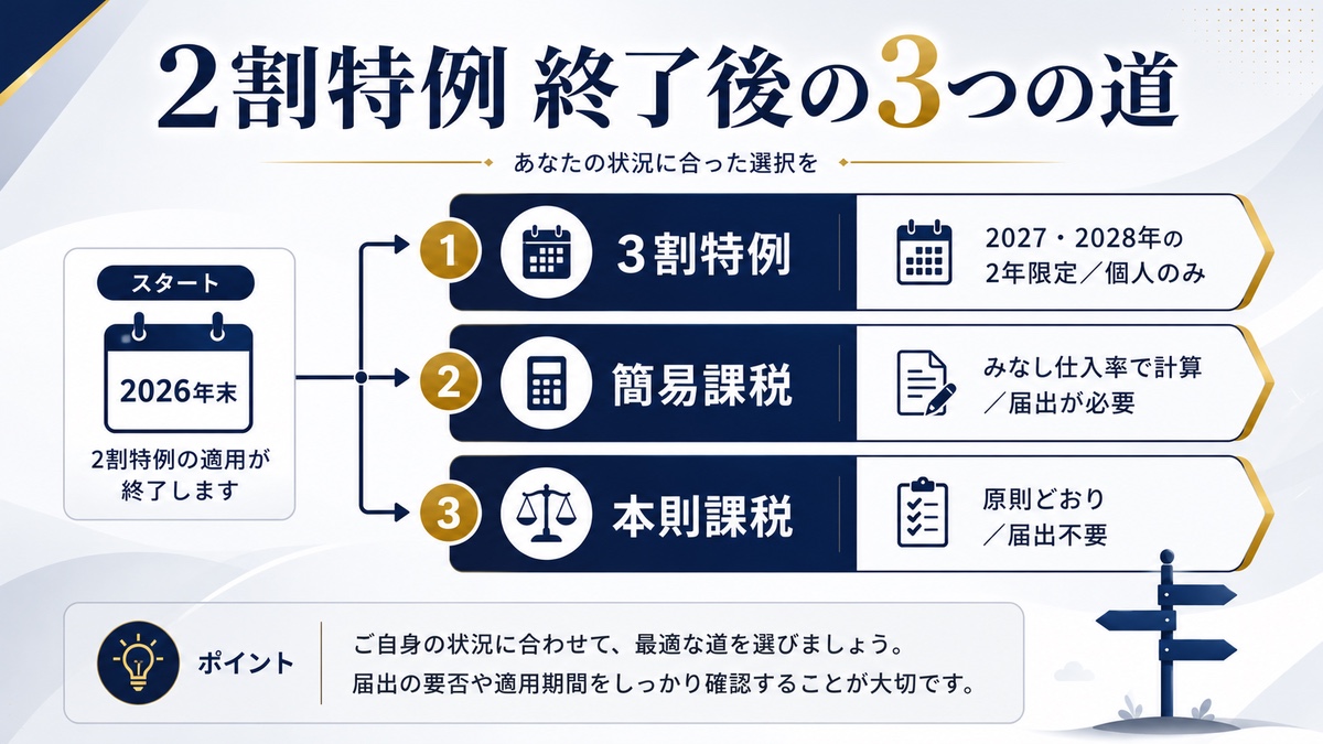 2割特例終了後の3つの道｜3割特例（2027・2028年の2年限定）・簡易課税・本則課税の分かれ道