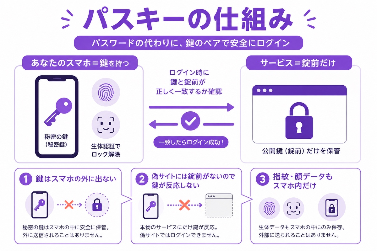パスキーの仕組み図解｜スマホが鍵・サービスは錠前だけ・秘密の鍵は外に出ず偽サイトには反応しない