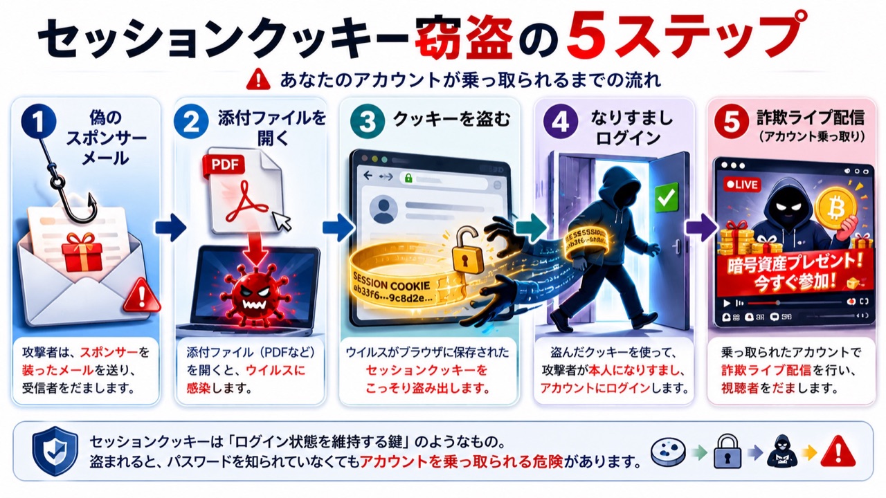 セッションクッキー窃盗の5ステップ｜偽のスポンサーメール→添付ファイルを開く→クッキーを盗む→なりすましログイン→詐欺ライブ配信までの流れ