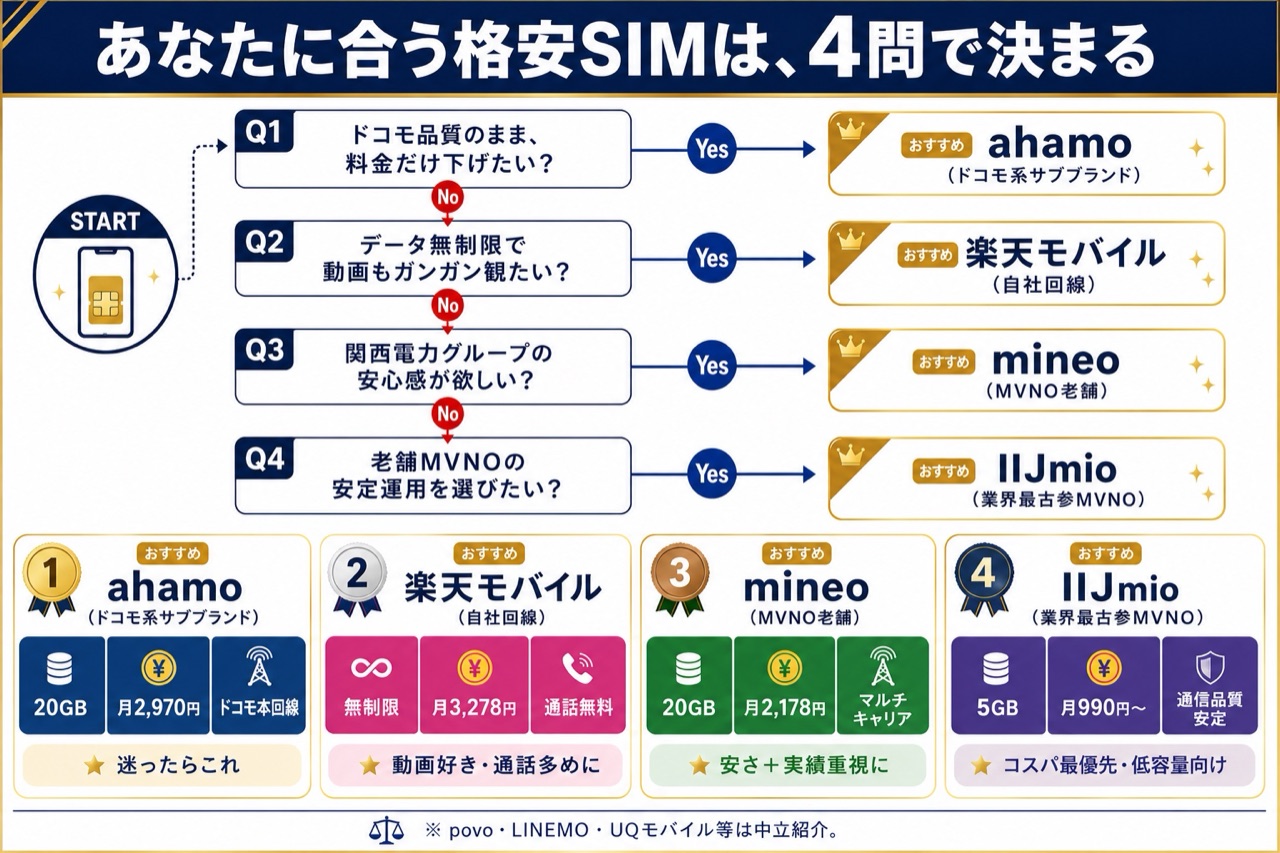 あなたに合う格安SIMは4問で決まる｜ahamo・楽天モバイル・mineo・IIJmio 意思決定マップ