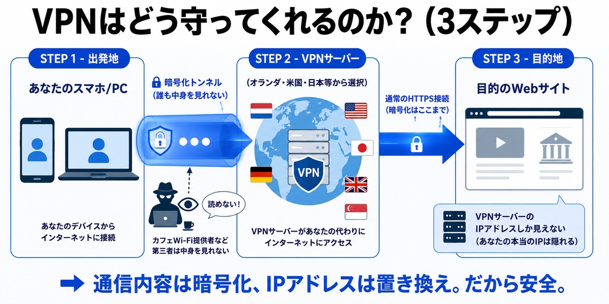 VPNはどう守ってくれるのか3ステップ：STEP1 あなたのスマホ/PCから暗号化トンネルを通り→STEP2 VPNサーバー(オランダ・米国・日本等から選択)を経由→STEP3 目的のWebサイトへ。通信内容は暗号化、IPアドレスは置き換え。だから安全