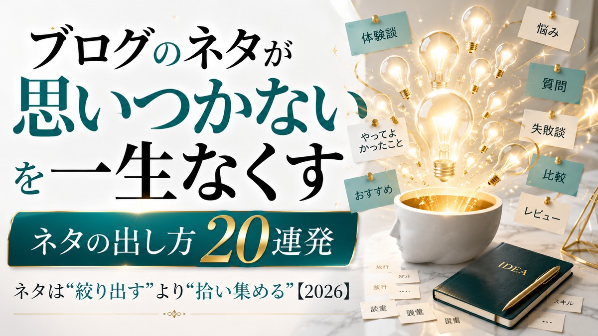 ブログのネタが思いつかないを一生なくす、ネタの出し方20連発のアイキャッチ