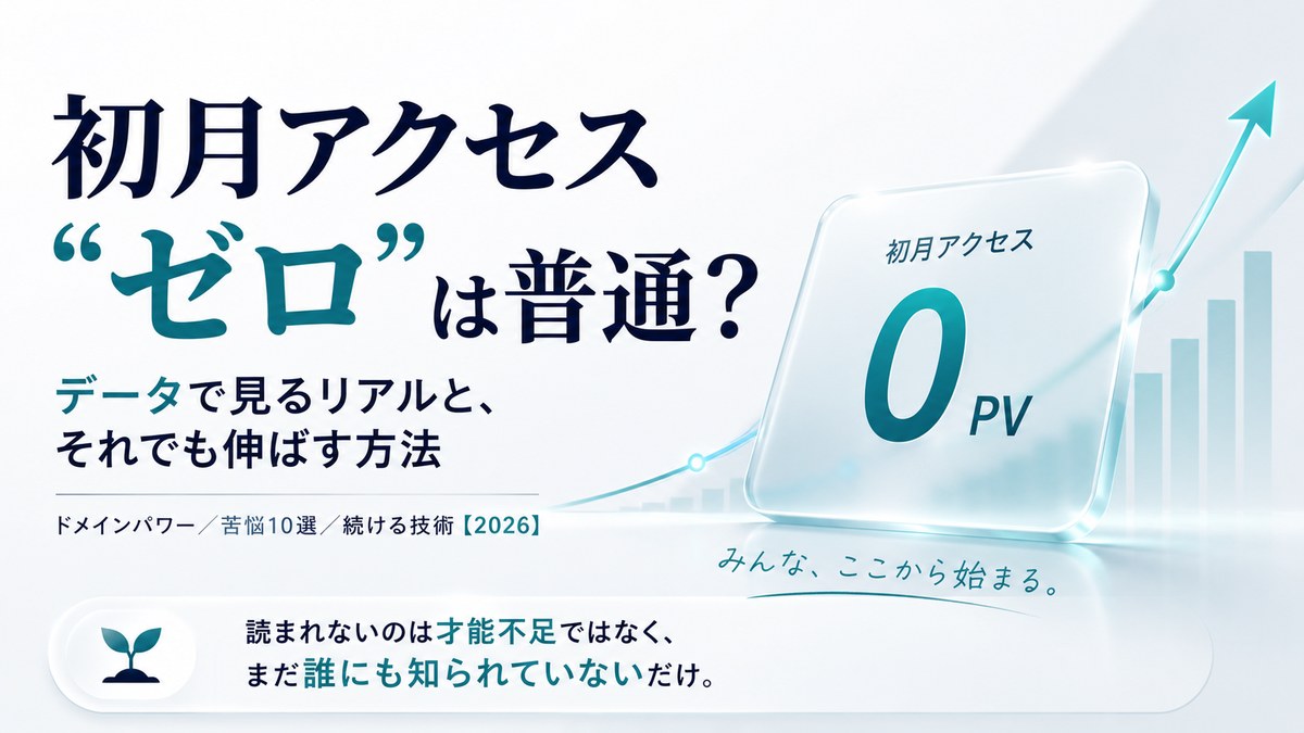 ブログ初月のアクセスがゼロは普通？データで見るリアルと、それでも伸ばす方法の解説アイキャッチ