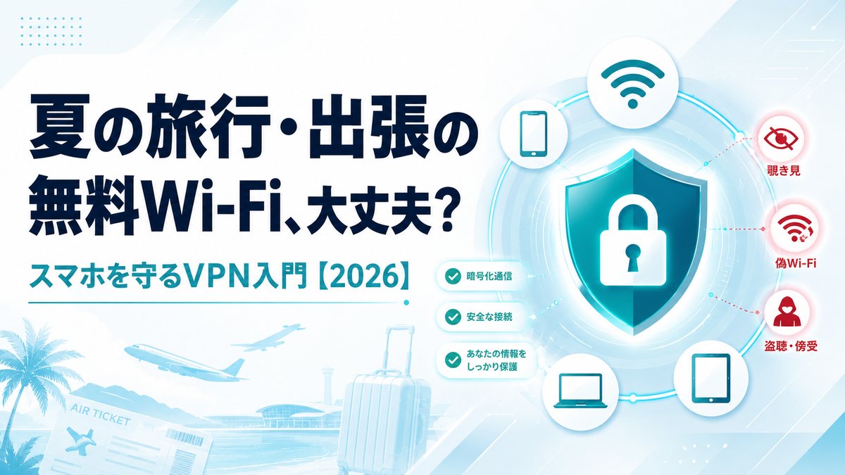 夏の旅行・出張の無料Wi-Fiは危険？スマホを守るVPN入門の解説アイキャッチ