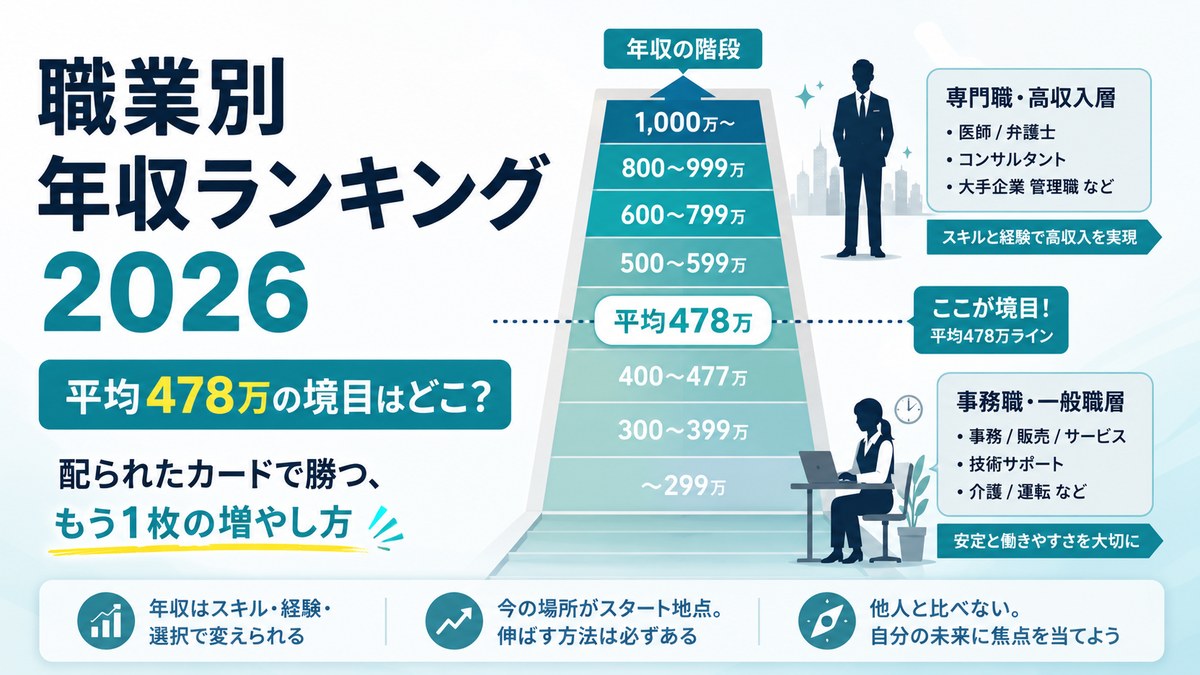 職業別の年収ランキング2026：平均478万円の境目はどこかを年収帯で整理し、配られたカードで勝つ考え方を解説するアイキャッチ