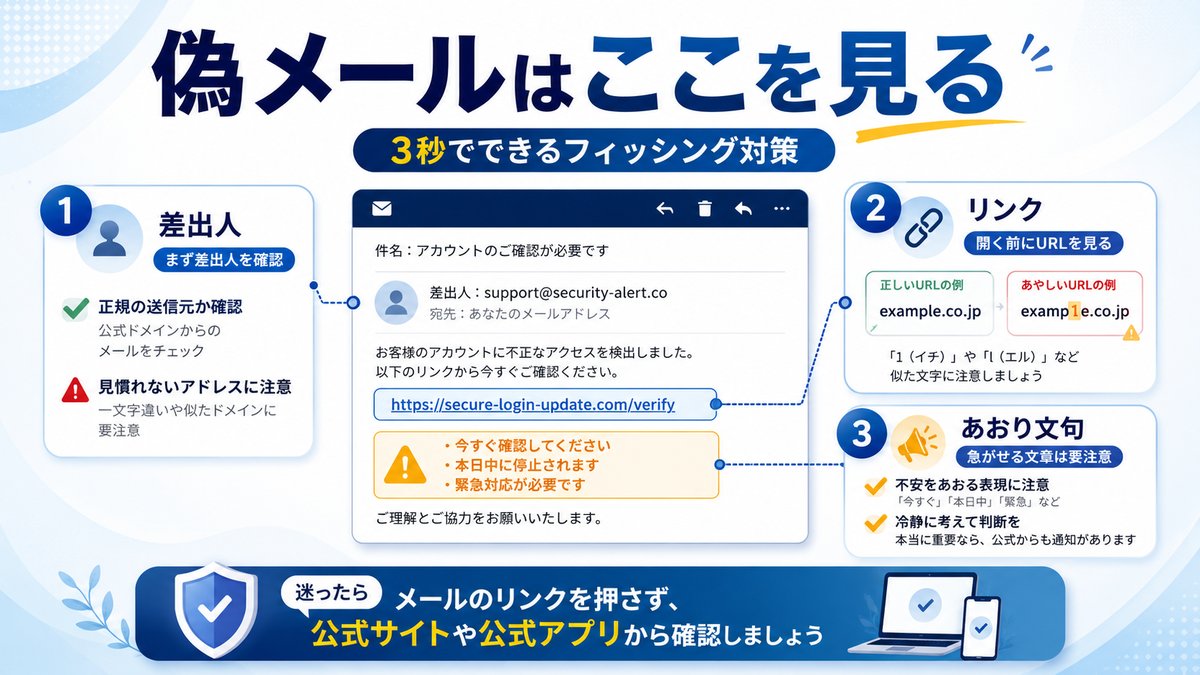 偽メール(フィッシング)の見分け方:差出人・リンクのURL・あおり文句の3点を確認