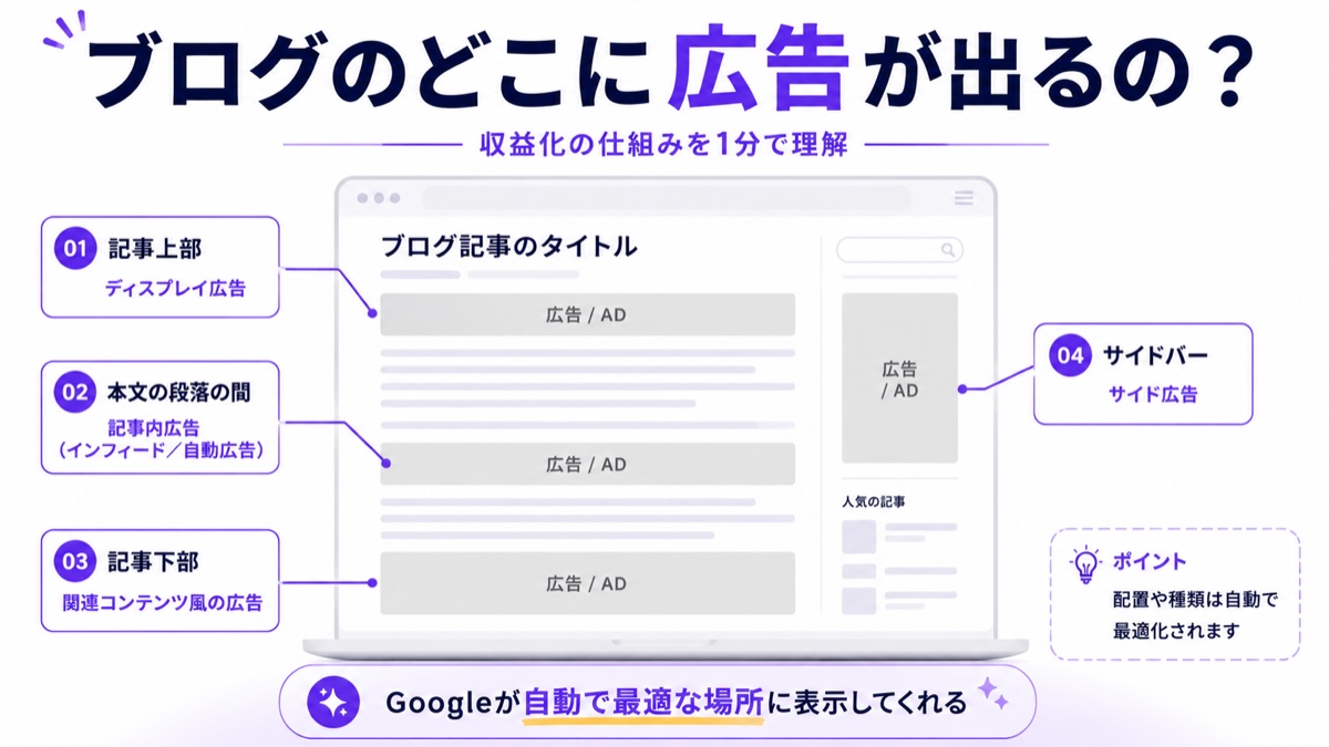ブログのどこに広告が表示されるか。記事上部・本文の段落間・記事下部・サイドバーに広告枠