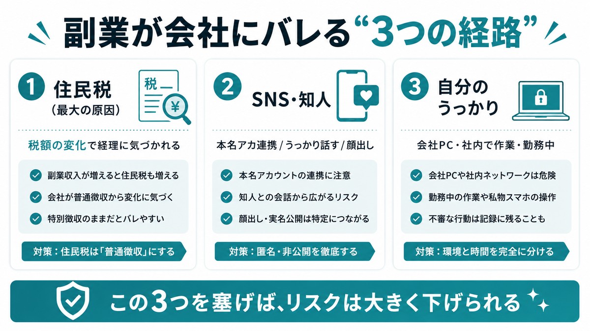 副業が会社にバレる3つの経路：①住民税(最大の原因・税額の変化で経理に気づかれる→普通徴収にする)②SNS・知人(本名アカ連携/うっかり話す/顔出し→匿名運用を徹底)③自分のうっかり(会社PC・社内で作業・勤務中→環境と時間を分ける)。この3つを塞げばリスクは大きく下げられる