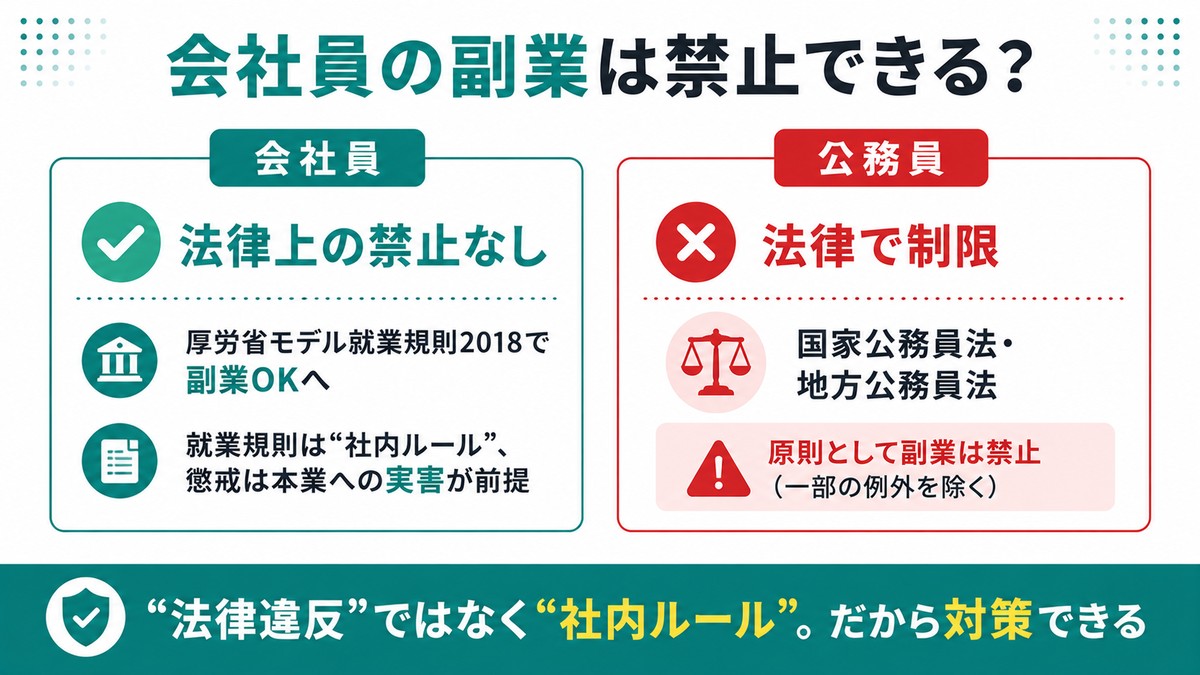 会社員の副業は禁止できる？会社員は法律上の禁止なし(厚労省モデル就業規則2018で副業OKへ・就業規則は社内ルール・懲戒は本業への実害が前提)／公務員は法律で制限(国家公務員法・地方公務員法)。法律違反ではなく社内ルール、だから対策できる