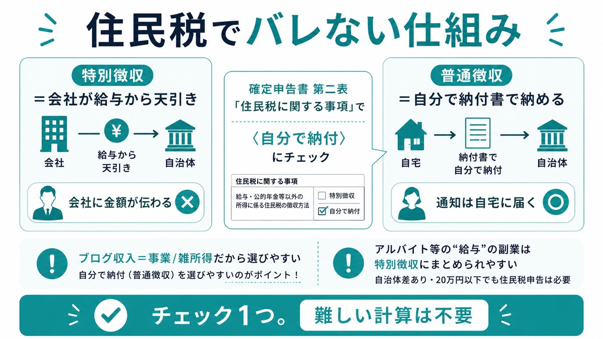 住民税でバレない仕組み：特別徴収は会社が給与から天引きし会社に金額が伝わる／普通徴収は確定申告書 第二表「住民税に関する事項」で〈自分で納付〉にチェックすれば通知が自宅に届く。ブログ収入は事業/雑所得だから選びやすい。チェック1つで難しい計算は不要