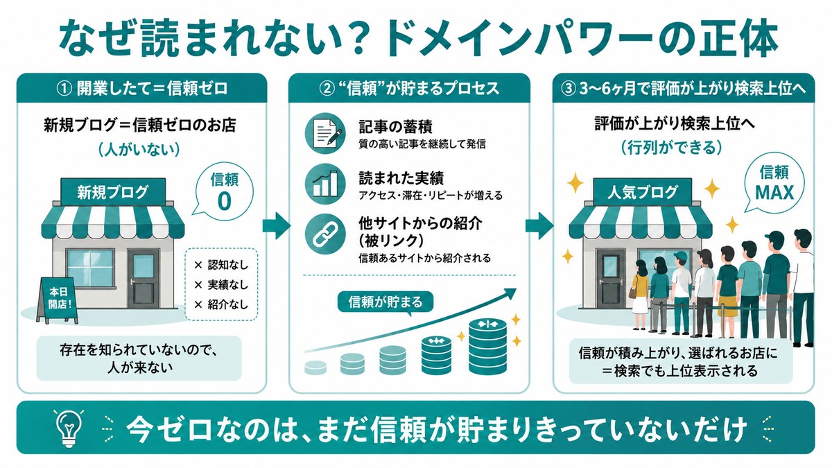 なぜ読まれない？ドメインパワーの正体：①開業したて=信頼ゼロのお店(人が来ない)②記事の蓄積・読まれた実績・他サイトからの紹介(被リンク)で信頼が貯まる③3〜6ヶ月で評価が上がり検索上位へ(行列ができる)。今ゼロなのは、まだ信頼が貯まりきっていないだけ