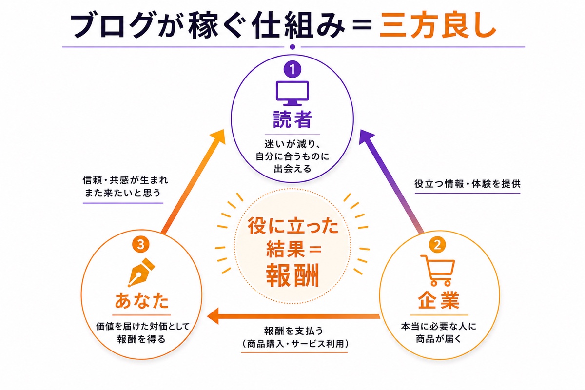 ブログが稼ぐ仕組みは三方良し。読者は迷いが減り合うものに出会える、企業は必要な人に商品が届く、あなたは価値を届けた対価として報酬を得る。役に立った結果が報酬になる循環図