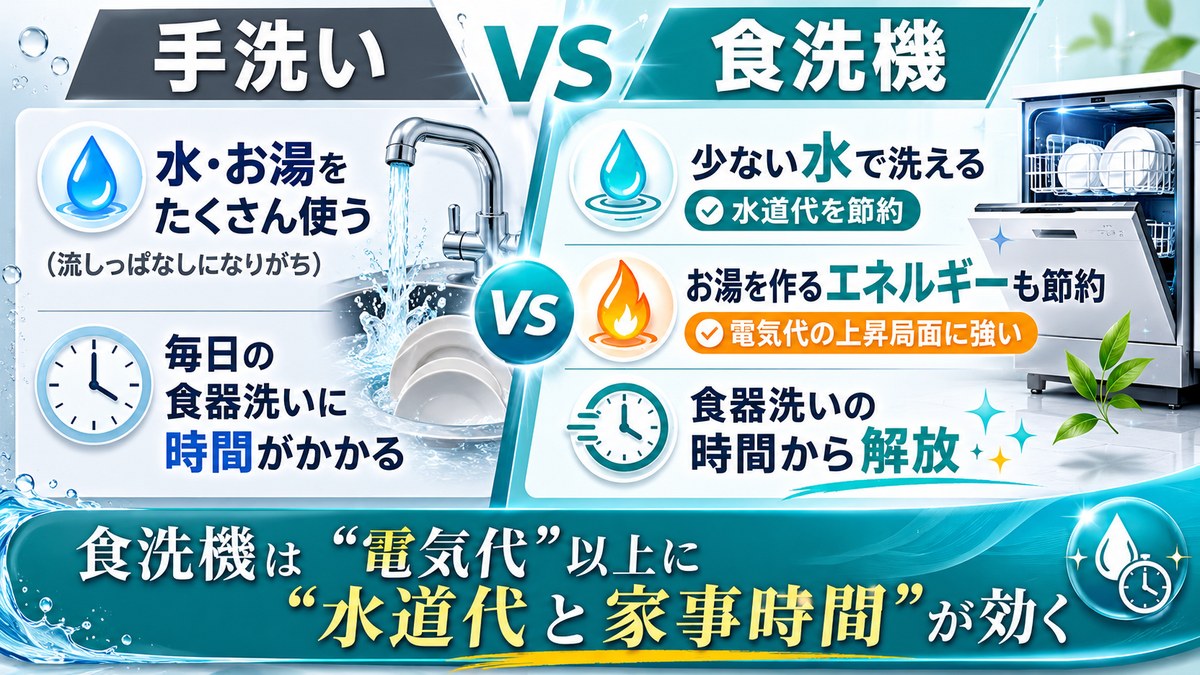 手洗いvs食洗機：食洗機は少ない水で洗え、お湯を作るエネルギーも節約、食器洗いの時間からも解放される