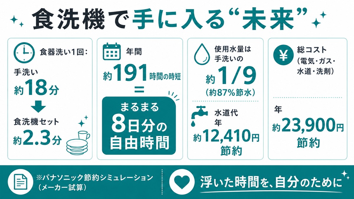 食洗機で手に入る未来：食器洗い1回 手洗い約18分→食洗機セット約2.3分／年間約191時間の時短=まるまる8日分の自由時間／使用水量は手洗いの約1/9(約87%節水)・水道代年約12,410円節約／総コスト(電気ガス水道洗剤)年約23,900円節約。パナソニック節約シミュレーション(メーカー試算)