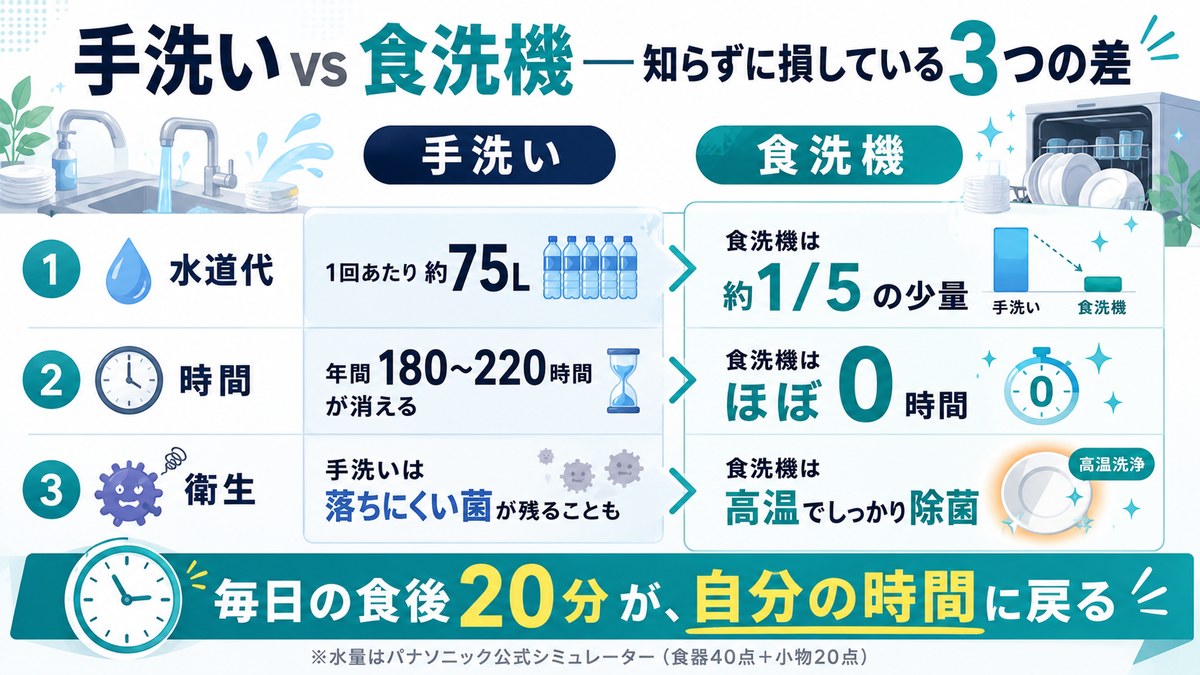 手洗い vs 食洗機 知らずに損している3つの差：①水道代＝手洗い1回約75Lに対し食洗機は約1/5の少量②時間＝手洗いは年間180〜220時間が消えるが食洗機はほぼ0時間③衛生＝手洗いは落ちにくい菌が残ることも、食洗機は高温でしっかり除菌。毎日の食後20分が自分の時間に戻る。水量はパナソニック公式シミュレーター(食器40点+小物20点)