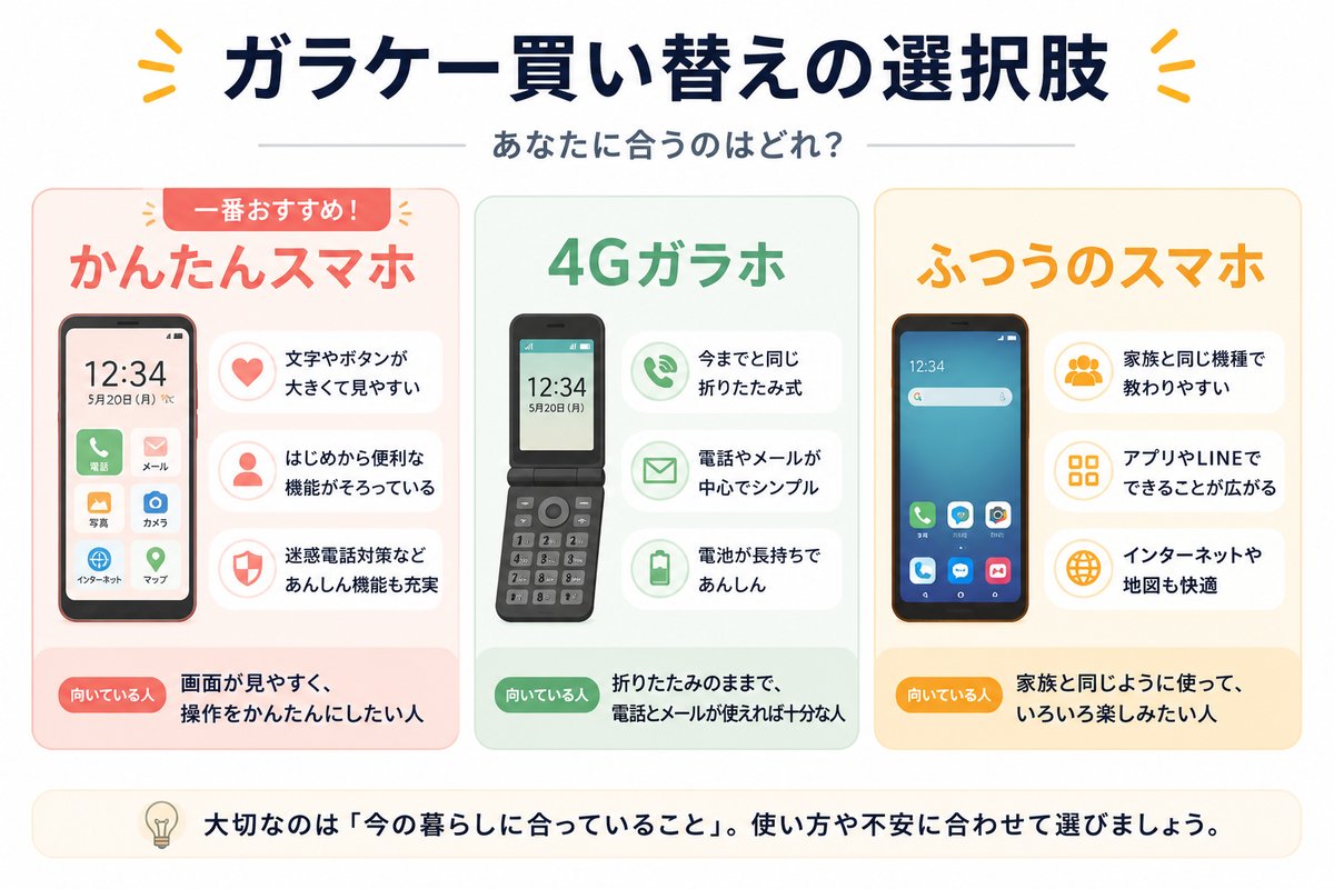 ガラケー買い替えの選択肢：かんたんスマホ（一番おすすめ）・4Gガラホ・ふつうのスマホの比較