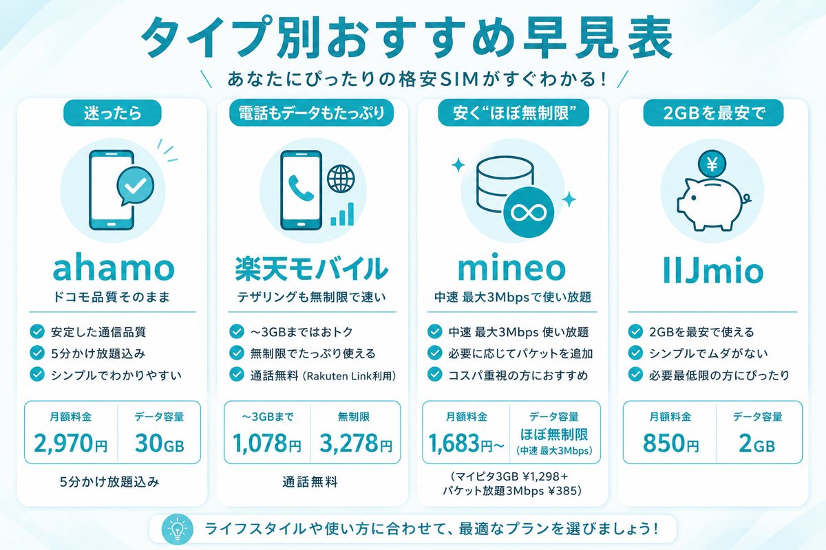 格安SIMタイプ別おすすめ早見：迷ったらahamo・電話もデータも楽天モバイル・安くほぼ無制限mineo・2GB最安IIJmio