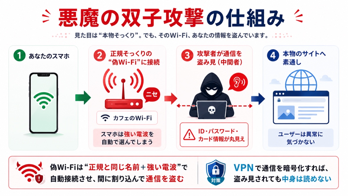 悪魔の双子攻撃の仕組み。あなたのスマホが正規そっくりの偽Wi-Fi（強い電波）に自動接続し、攻撃者が通信を盗み見、本物のサイトへ素通しされる。VPNで暗号化すれば中身は読めない