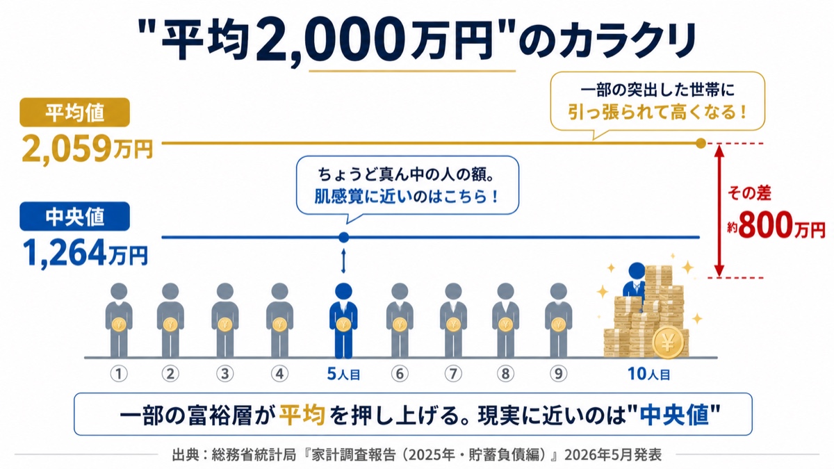平均貯蓄2,059万円と中央値1,264万円の差を表す図解。一部の富裕層が平均を押し上げる仕組み
