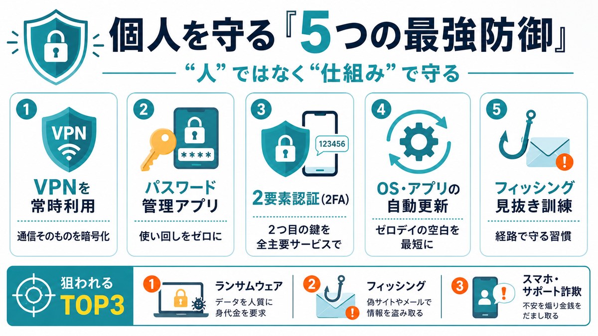 個人を守る『5つの最強防御』──“人”ではなく“仕組み”で守る：①VPNを常時利用＝通信そのものを暗号化②パスワード管理アプリ＝使い回しをゼロに③2要素認証(2FA)＝2つ目の鍵を全主要サービスで④OS・アプリの自動更新＝ゼロデイの空白を最短に⑤フィッシング見抜き訓練＝経路で守る習慣。狙われるTOP3：ランサムウェア／フィッシング／スマホ・サポート詐欺