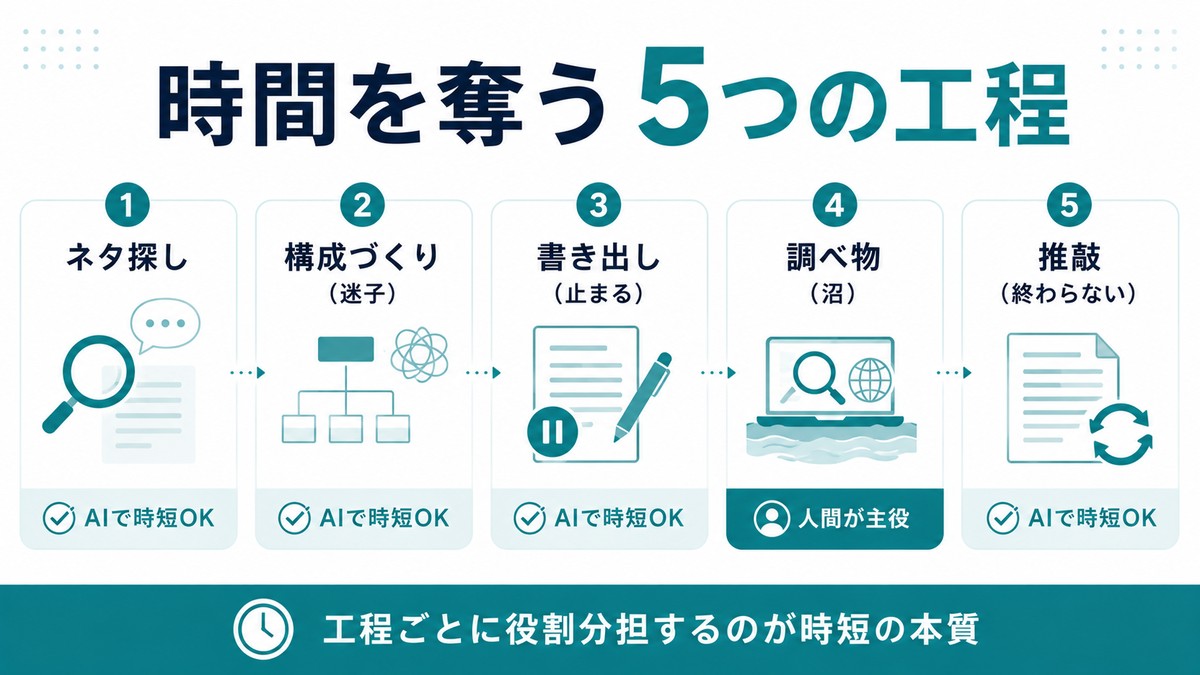 時間を奪う5つの工程：①ネタ探し②構成づくり(迷子)③書き出し(止まる)④調べ物(沼)⑤推敲(終わらない)。①②③⑤はAIで時短OK、④は人間が主役。工程ごとに役割分担するのが時短の本質