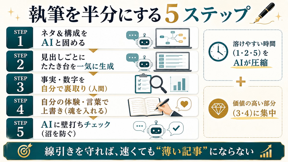 執筆を半分にする5ステップ：STEP1ネタ&構成をAIと固める/STEP2見出しごとにたたき台を一気に生成/STEP3事実・数字を自分で裏取り(人間)/STEP4自分の体験・言葉で上書き(魂を入れる)/STEP5AIに壁打ち推敲(沼を防ぐ)。溶けやすい時間1・2・5をAIが圧縮、価値の高い部分3・4に集中。線引きを守れば速くても薄い記事にならない
