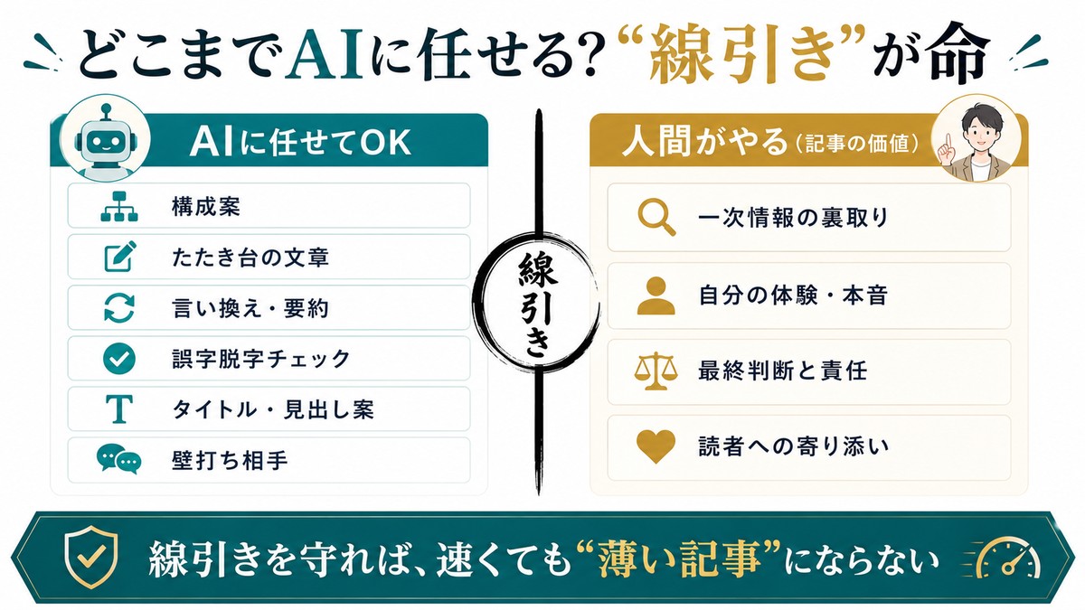 どこまでAIに任せる？線引きが命：AIに任せてOK=構成案/たたき台の文章/言い換え・要約/誤字脱字チェック/タイトル・見出し案/壁打ち相手。人間がやる(記事の価値)=一次情報の裏取り/自分の体験・本音/最終判断と責任/読者への寄り添い。線引きを守れば速くても薄い記事にならない