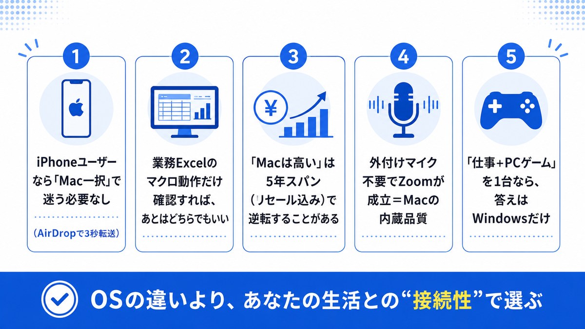 在宅ワークで差が出る5つの観点:①iPhoneユーザーならMac一択(AirDropで3秒転送)②業務Excelのマクロ動作だけ確認すればどちらでもOK③Macは高いは5年スパン(リセール込み)で逆転も④外付けマイク不要でZoom成立=Macの内蔵品質⑤仕事+PCゲームを1台ならWindowsだけ。OSの違いより生活との接続性で選ぶ